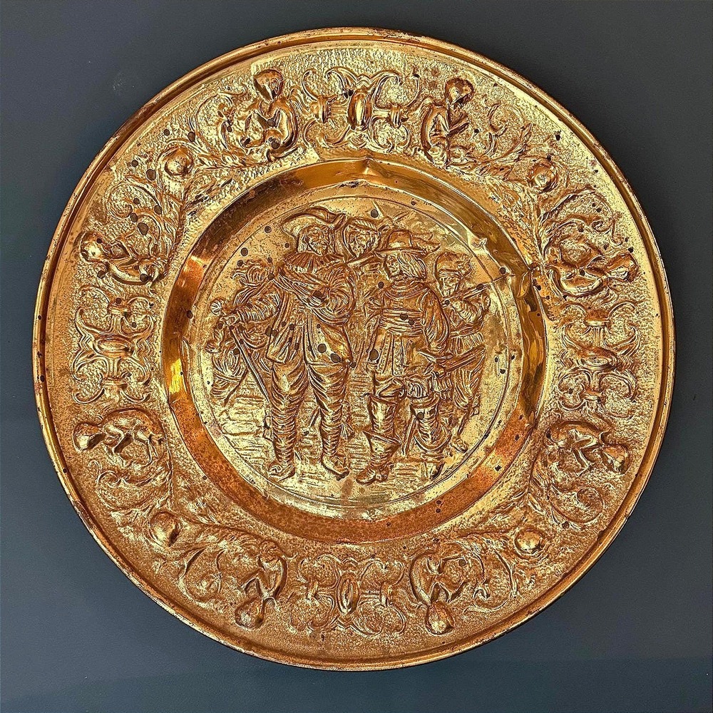 Vintage Dutch Brass Wall Plate 14.5" Embossed European Village Made Holland